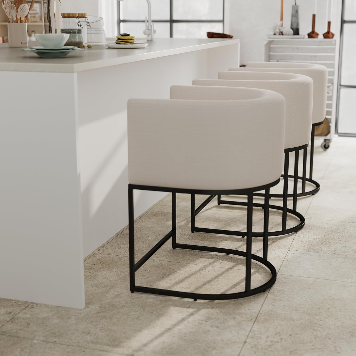 Contemporary Cream Linen Bar Stools Set of 3, 24 Upholstered Fabric Counter Height Barstools Kitchen Counter Island Stools with Screwed Together Black Metal Base