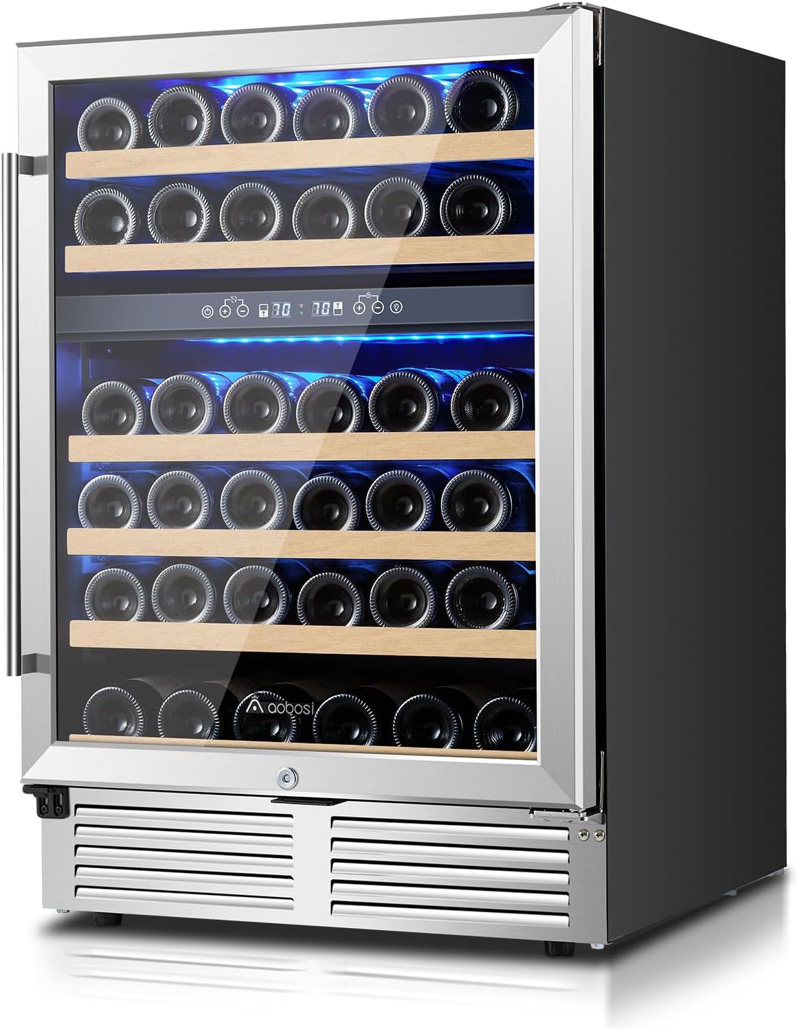 AAOBOSI 24 Inch Wine Cooler,46 Bottle -Dual Zone Built-in or Freestanding with Blue LED Light and Adjustable Shelves for Home,Kitchen or Office.