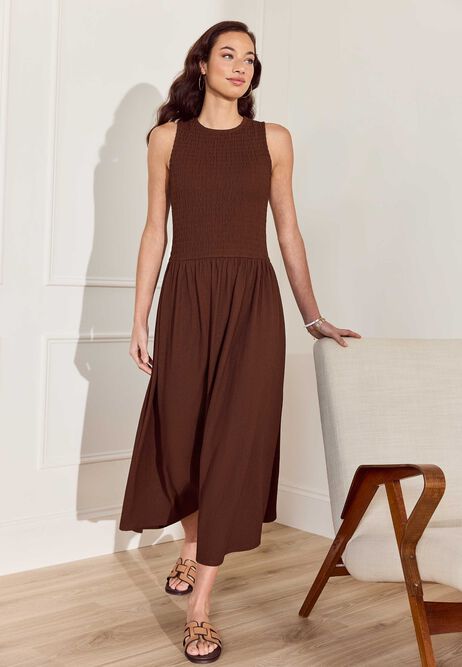 Womens Chocolate Brown Shirred Drop Waist Midi Dress