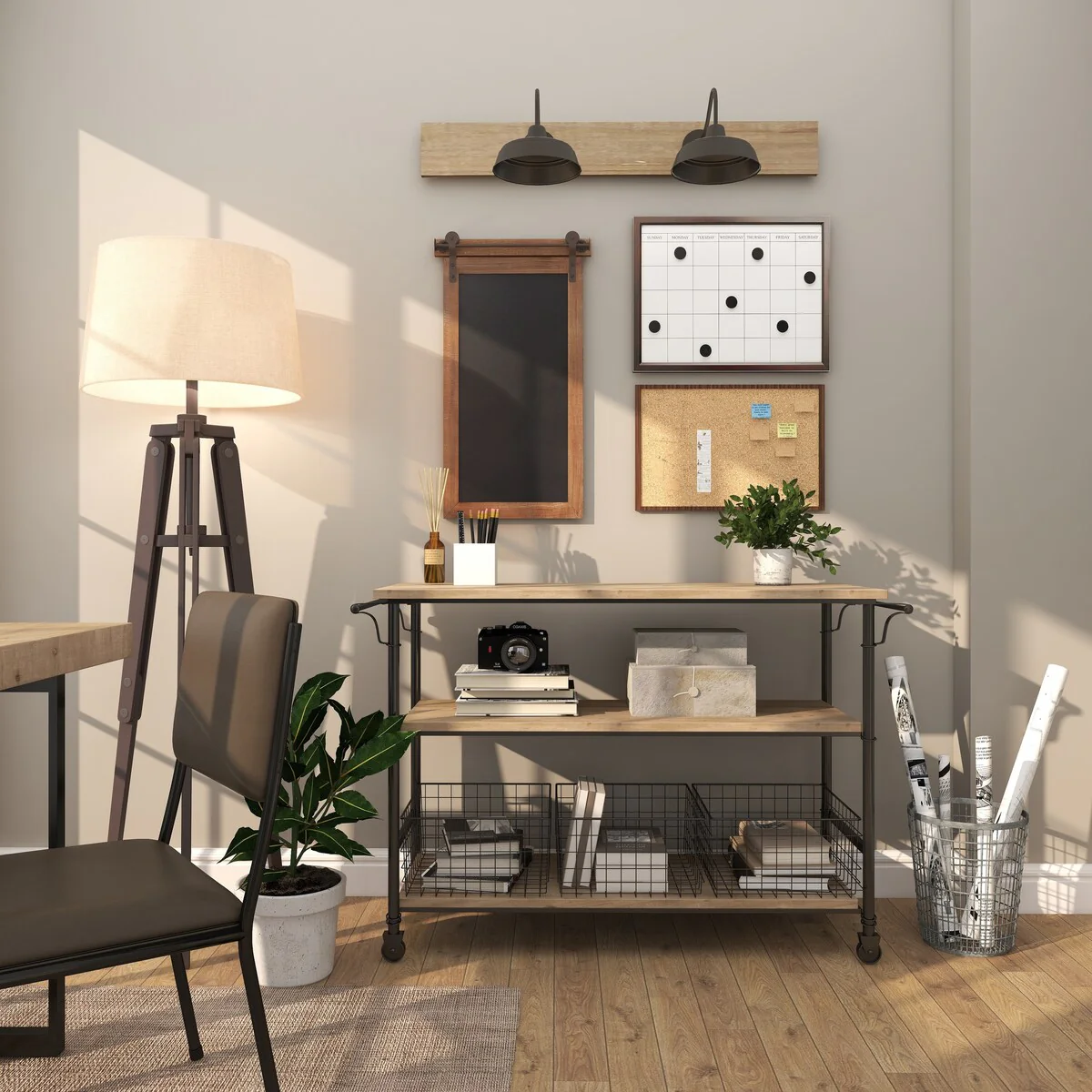 Wood Rolling Cart 3 Drawers and 1 Shelf Storage Unit with Black Wire Baskets - Brown - Roche River Decor