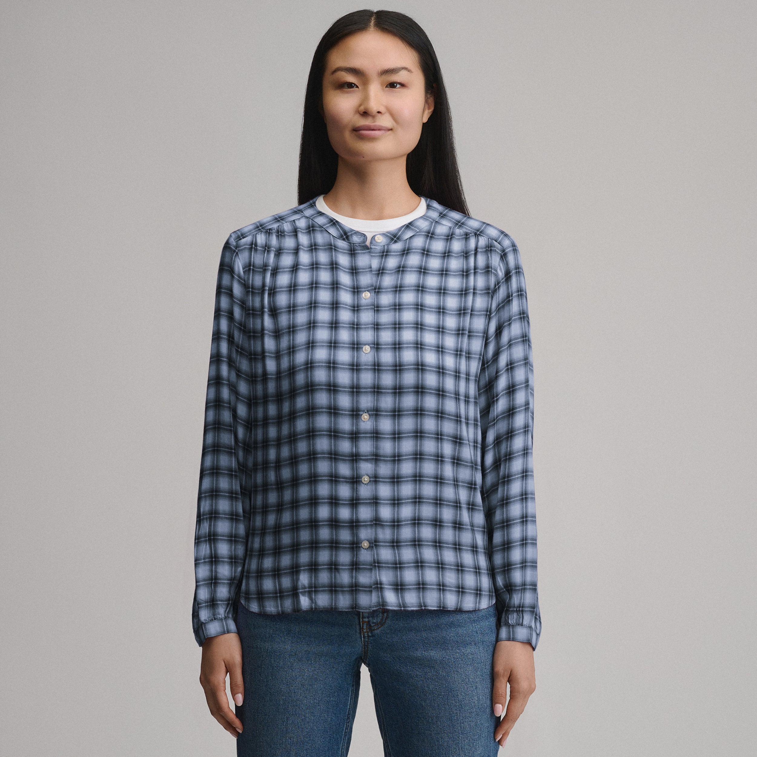 Women's Long-Sleeve Collarless Drapey Plaid Button-Down Shirt