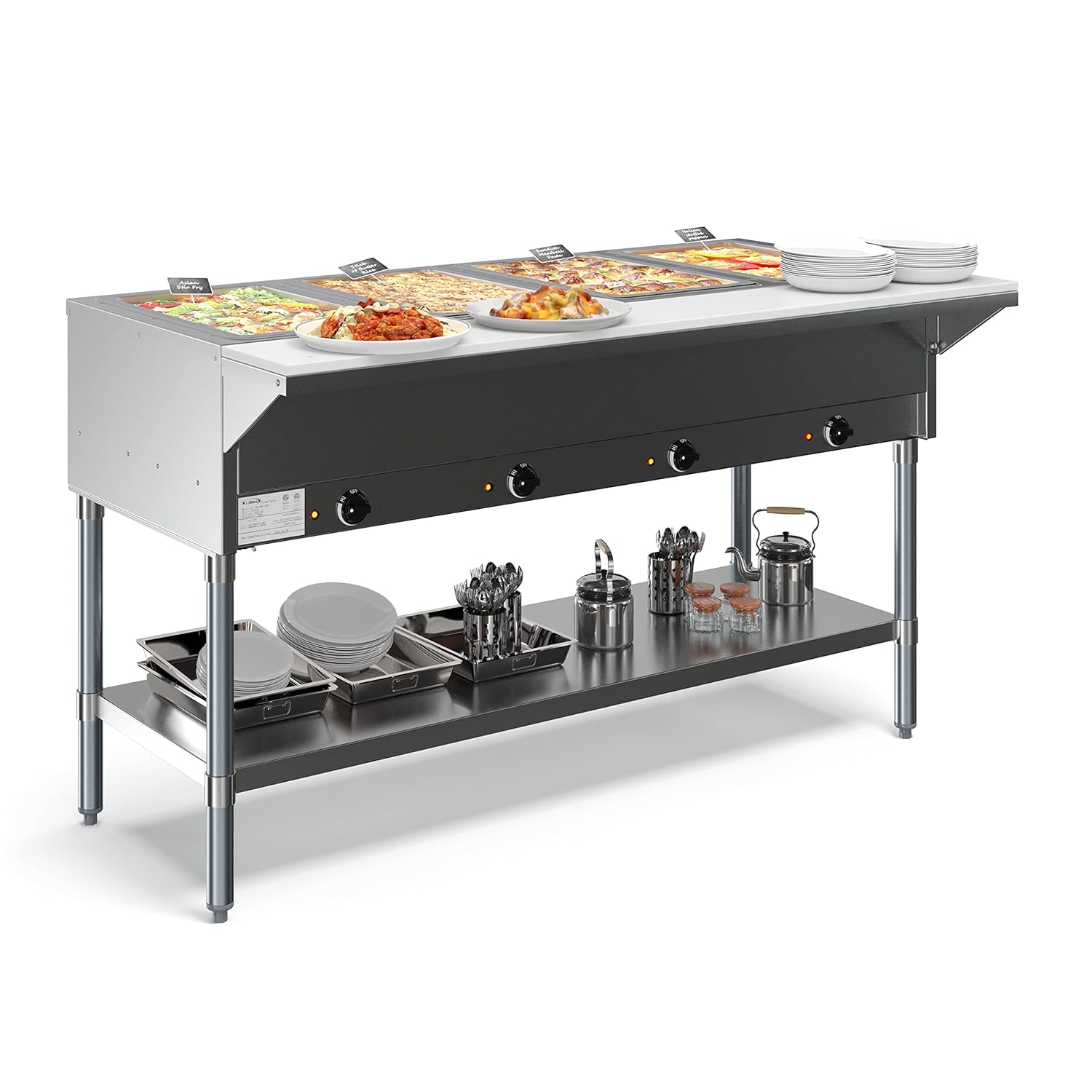 KoolMore 4-Pan Open Well Commercial Electric Stainless Steel Steam Table Food Warmer for Buffets with Undershelf, Warming Control Knobs, and Front Serving Area [120V] (KM-OWS-4), Silver