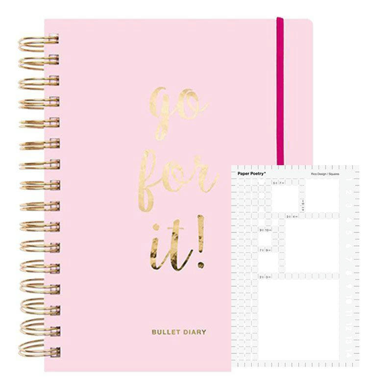 BULLET - Agenda Bullet journal rose à spirales 96 feuilles + pochoir carré
