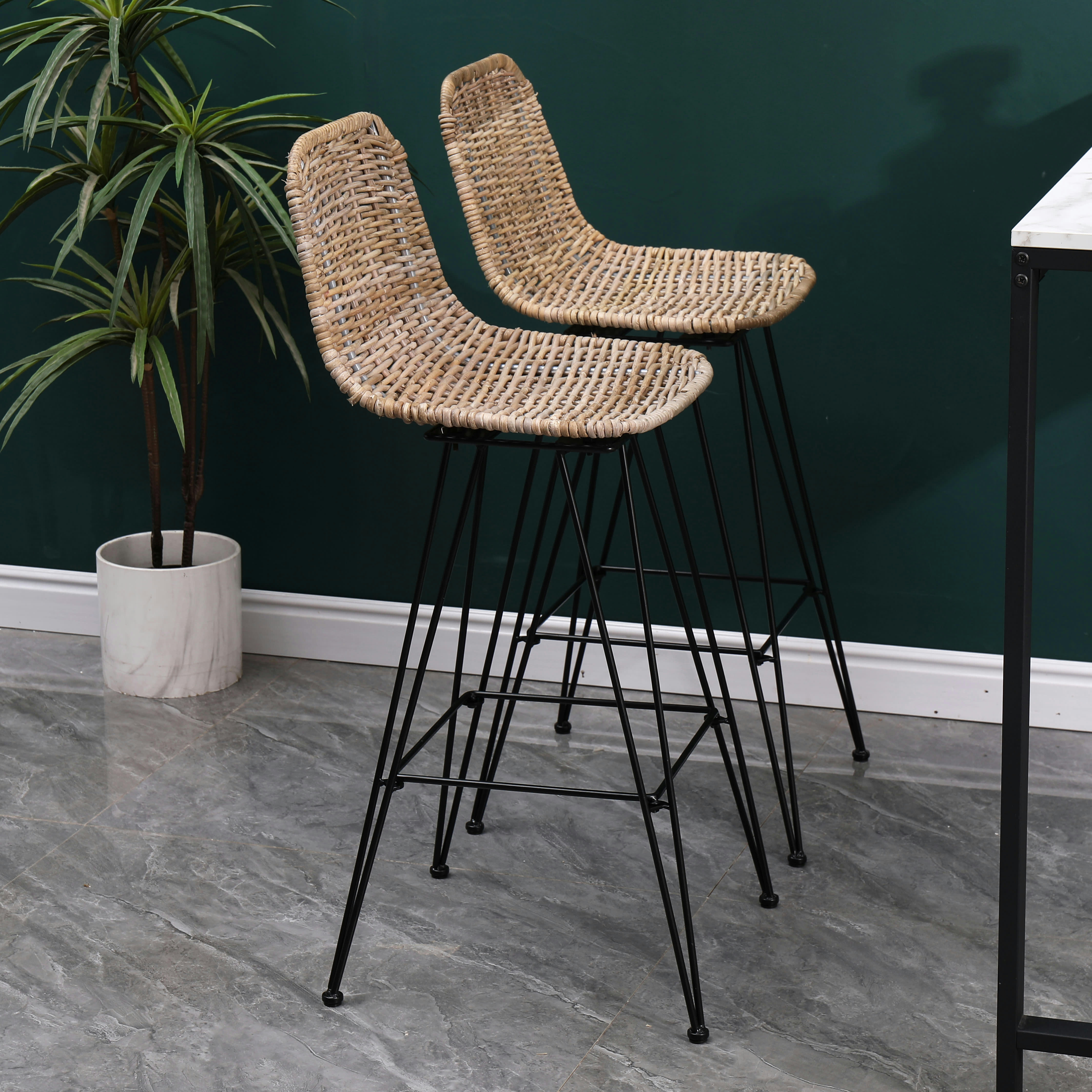 - Lot de 2 tabourets de bar en métal et fibres naturelles