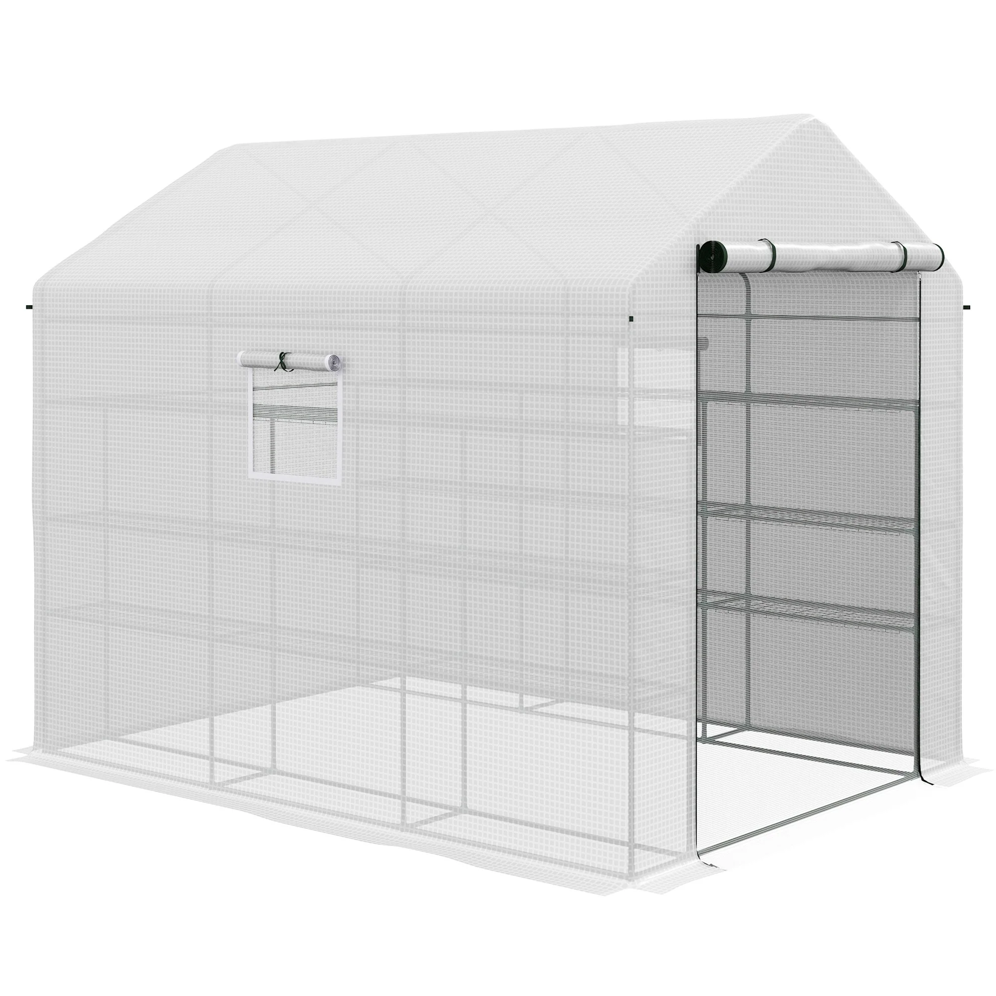 UV-Resistant Greenhouse Shed with Shelves & Mesh Door Garden Shed Plant Shed with Double-Layer Roll-Up Door