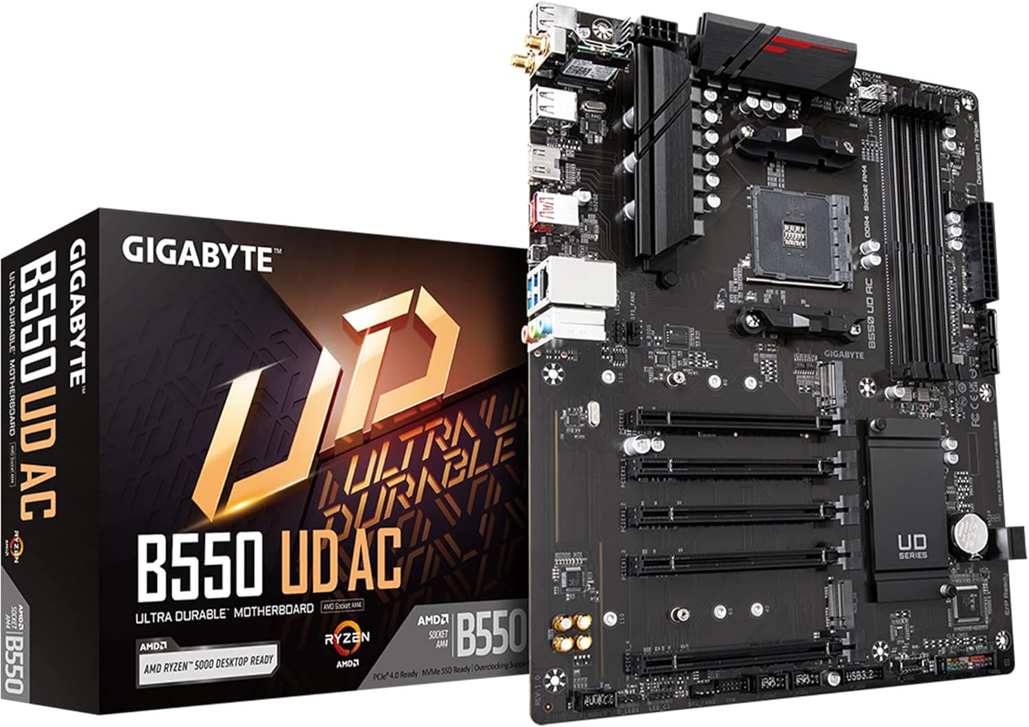 GIGABYTE B550 UD AC (rev. 1.2) AMD AM4 ATX Motherboard, Supports Ryzen 5000/4000/3000 Processors, DDR4, 10+3 Power Phase, 2X M.2, PCIe 4.0, USB-C, WiFi, GbE LAN, PCIe 4.0, Q-Flash Plus, RGB Fusion