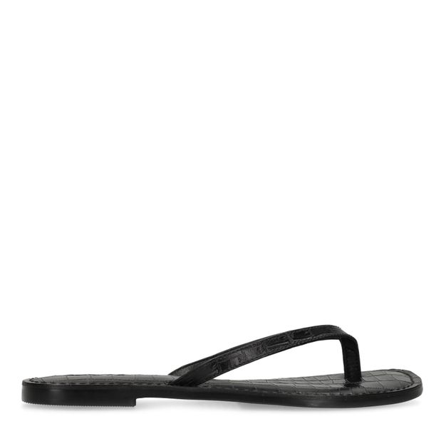 Zwarte leren croco teenslippers