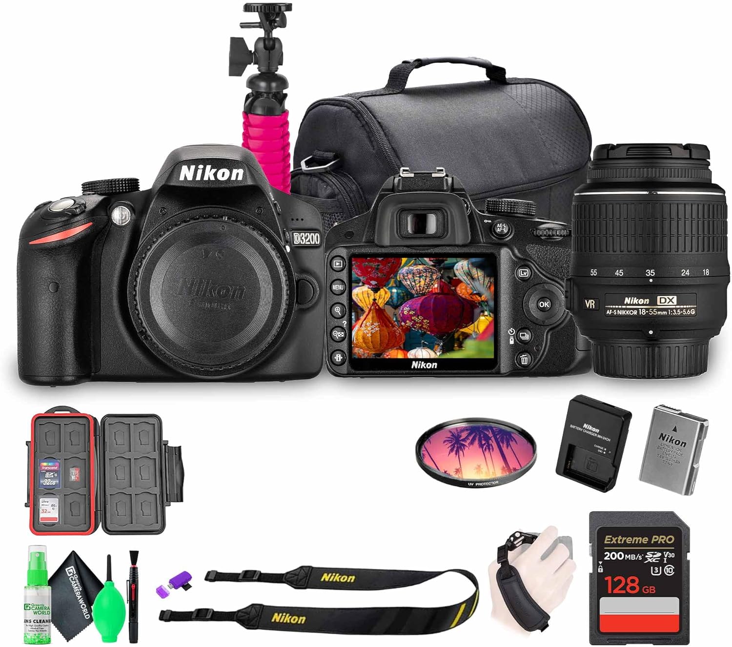 Nikon D3200 24.2MP DSLR Camera Kit with 18-55mm VR Zoom Lens – Full HD 1080p Video Capture  Fast 11-Point Autofocus System + 128GB Memory Card + Protective Memory Card Case + Camera Bag + More