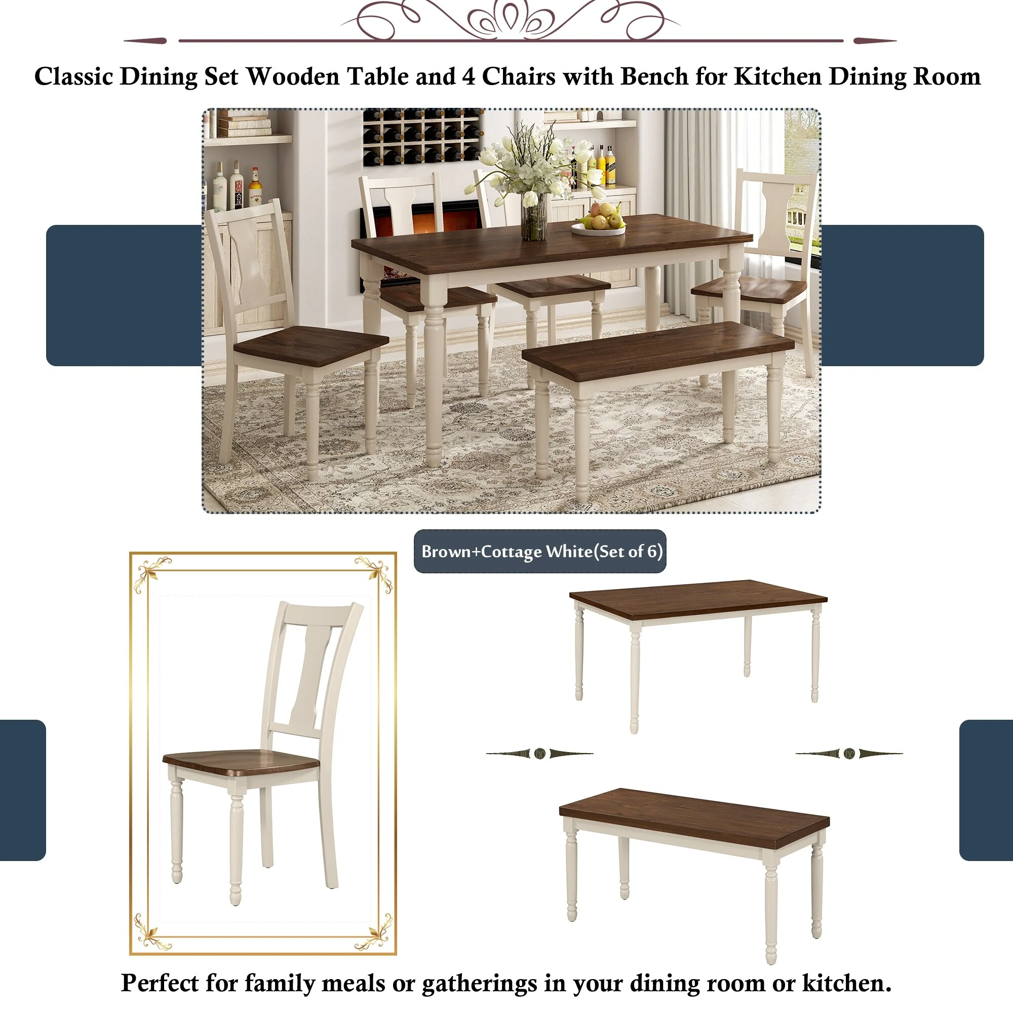 Classic 6-Piece Dining Set Wooden Table and 4 Chairs with Bench