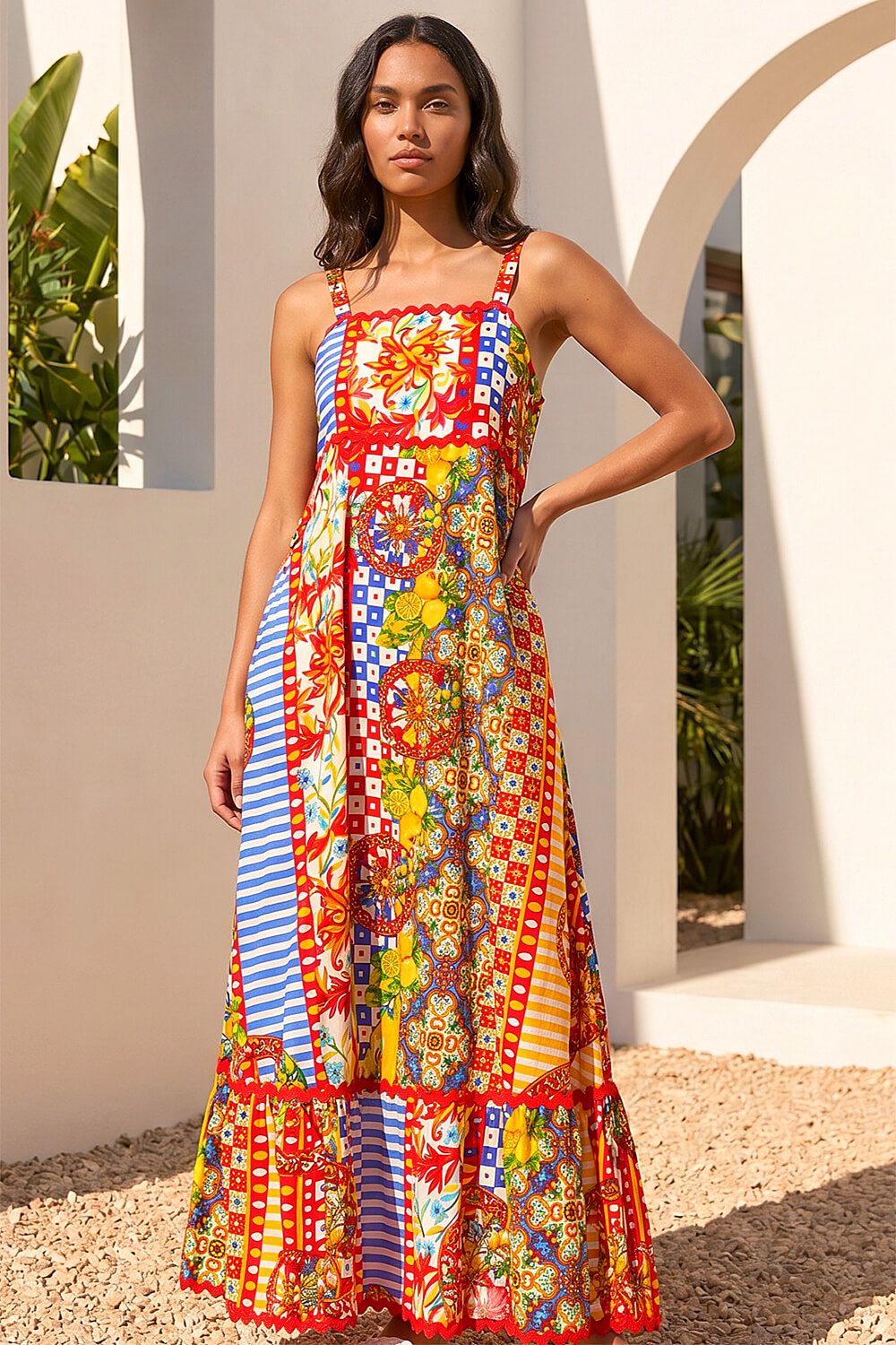 Roman Patchwork Ric Rac Maxi Dress