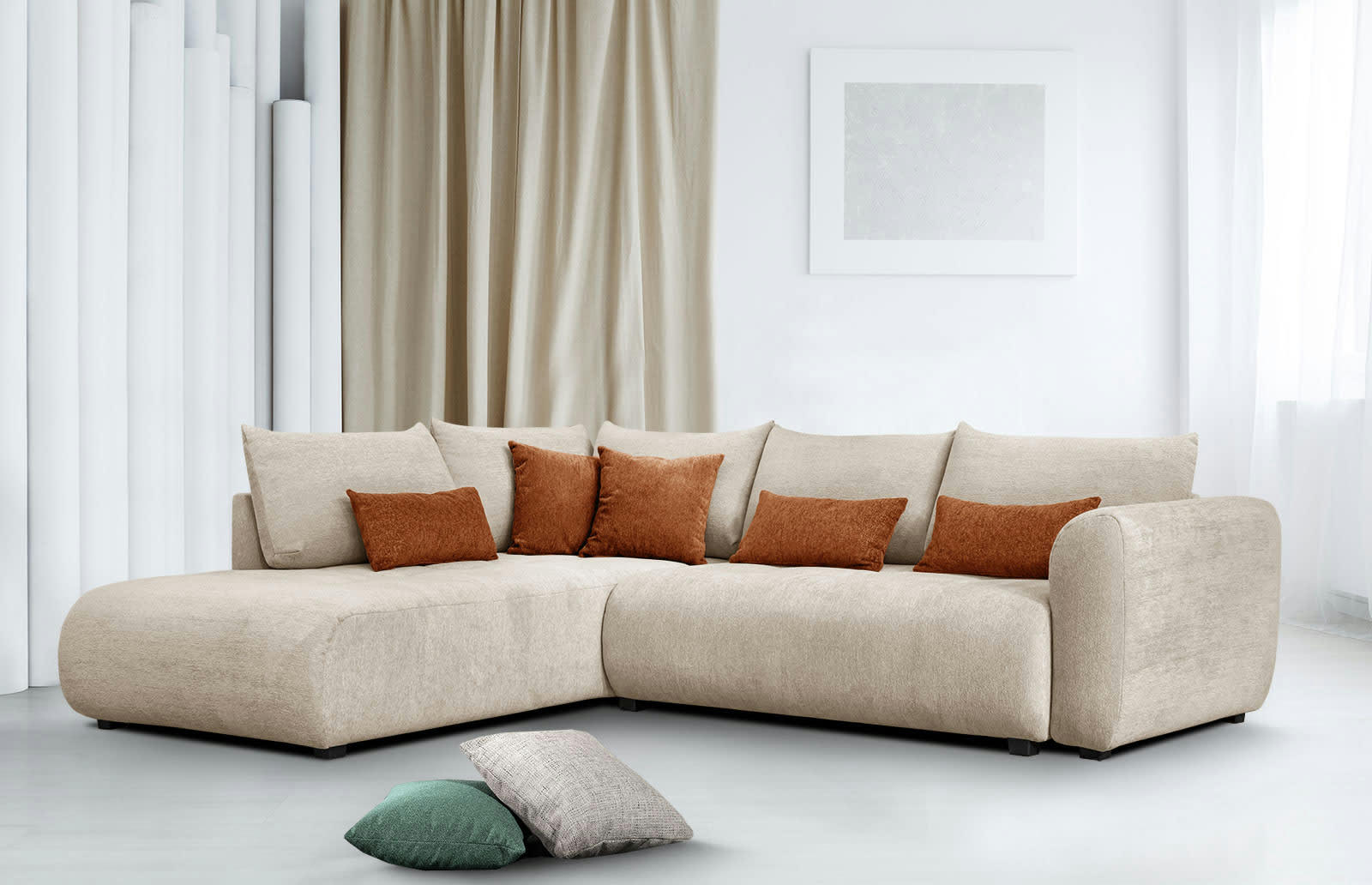 SORENO - Canapé d'angle gauche 5 places beige avec le couchage