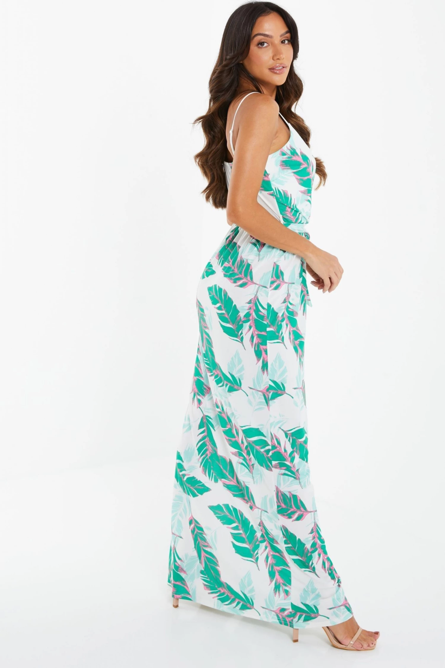 Quiz White & Green Tropical Print Maxi Dress