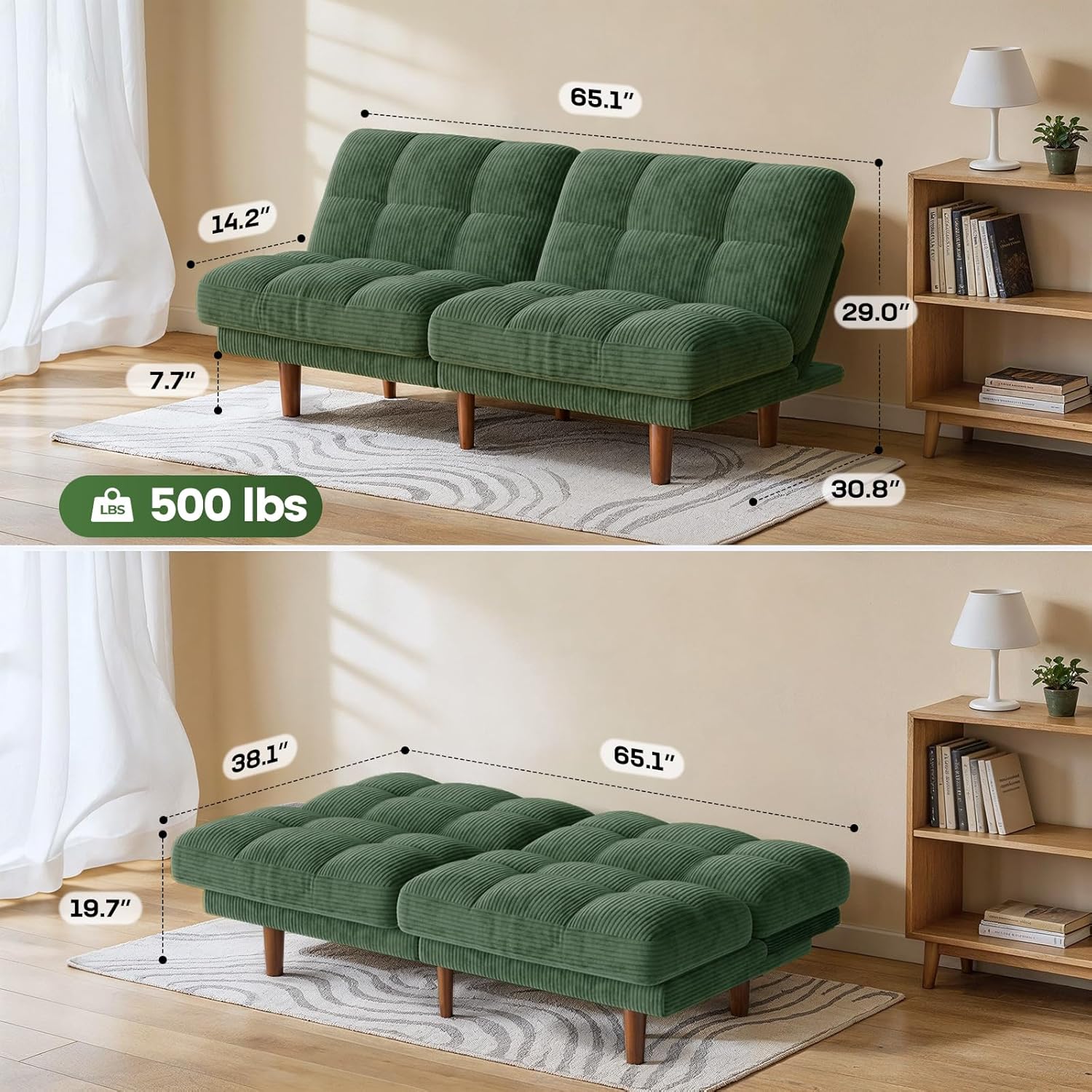 Marsail 65 Futon Sofa Bed, Convertible Small Recliner Sleeper Sofa Bed with Adjustable Backrest, Corduroy Loveseat Futon Couch for Small Apartments, Living Room Office, Guest Room (Green)