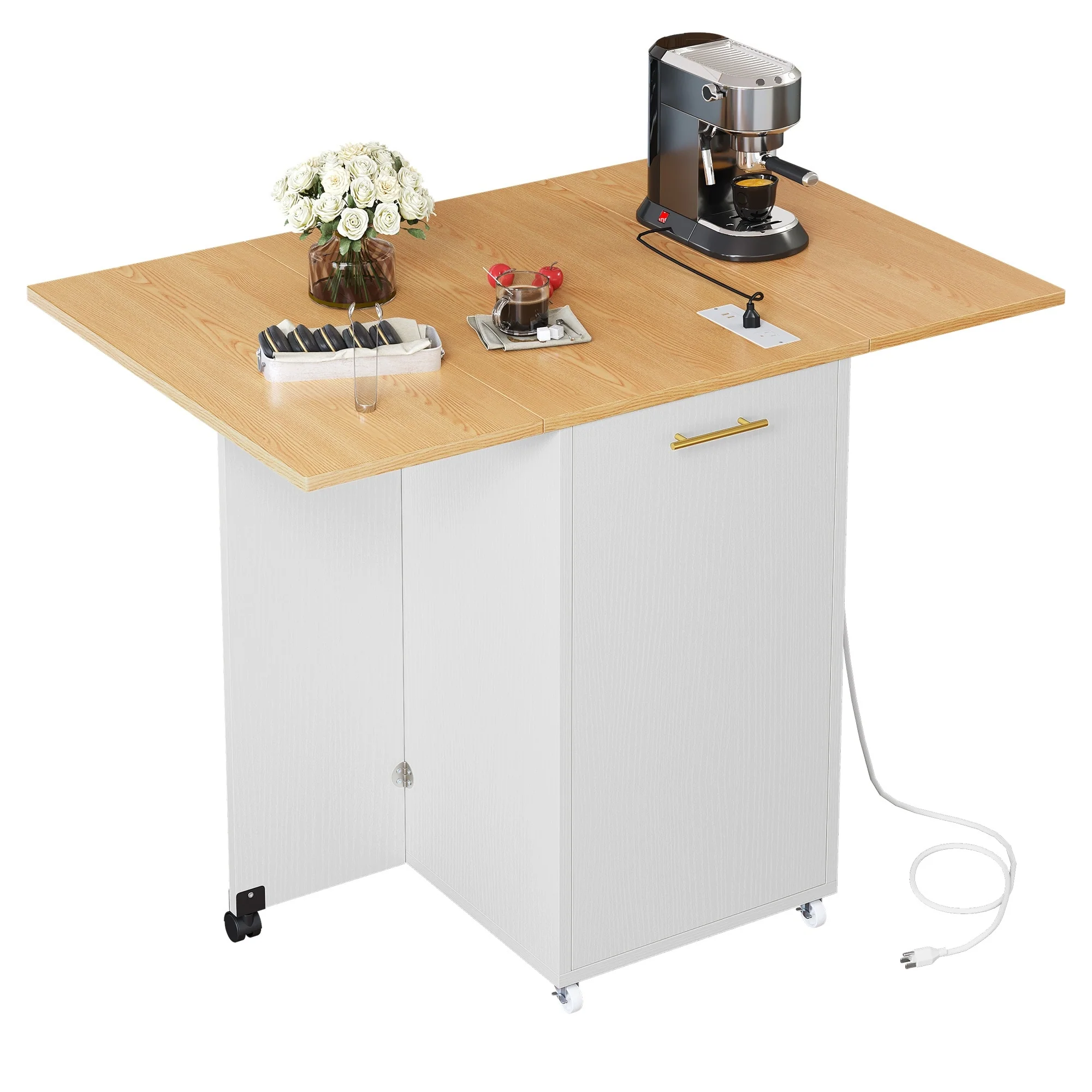 Foldable Kitchen Island With Trash Can Storage Cabinet