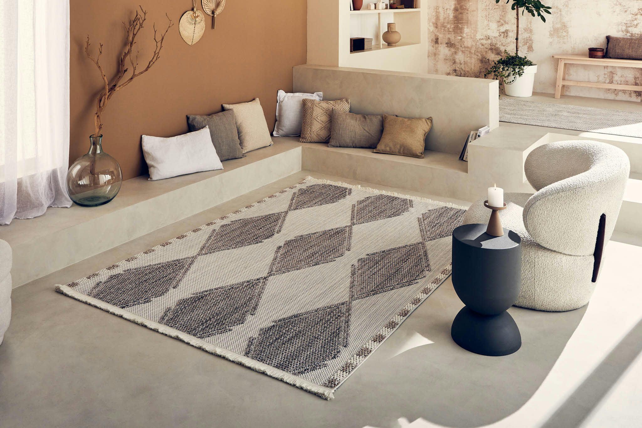 BALI - Tapis crème à franges  motif losange  en relief 160x230