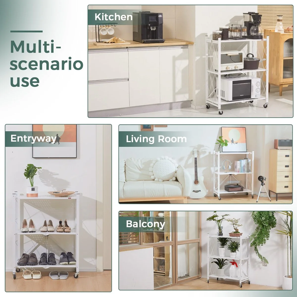 3-Shelf Foldable Storage Shelves with Wheels,Large Capacity Shelving Unit,Freestanding Metal Wire Shelf Rack