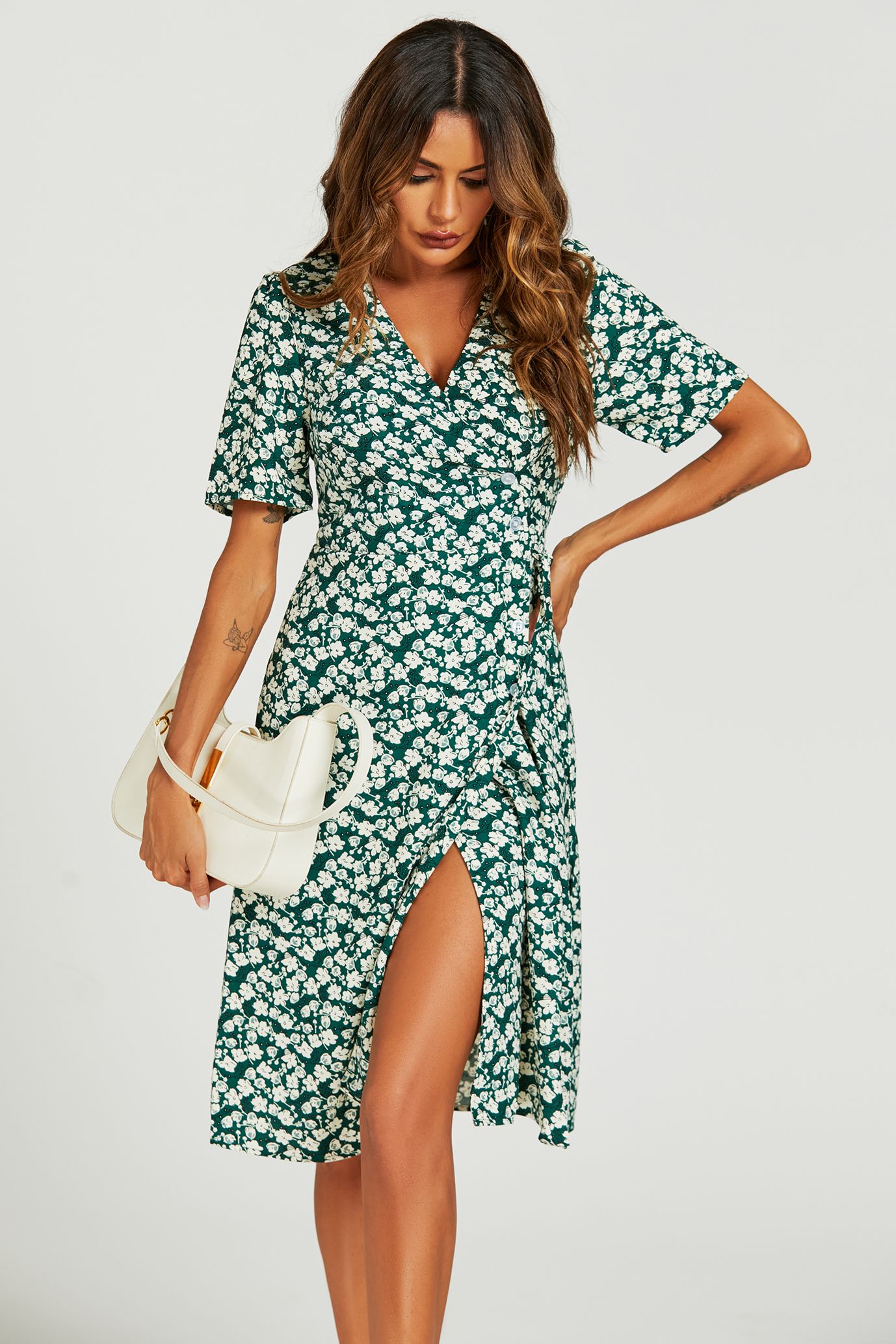 FS Collection Floral Print Button Tea Midi Dress In Green