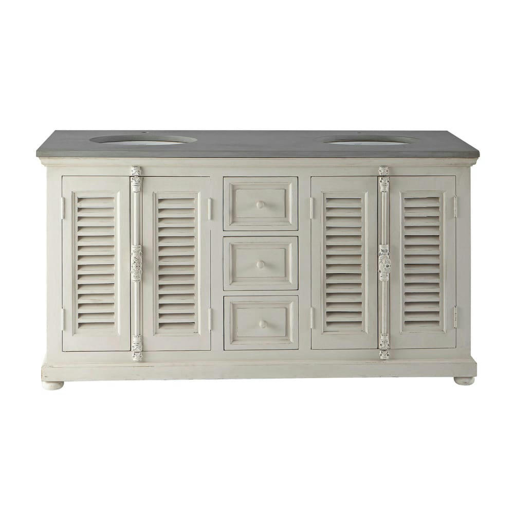 Castille - Meuble double vasque en manguier blanc cassé et pierre
