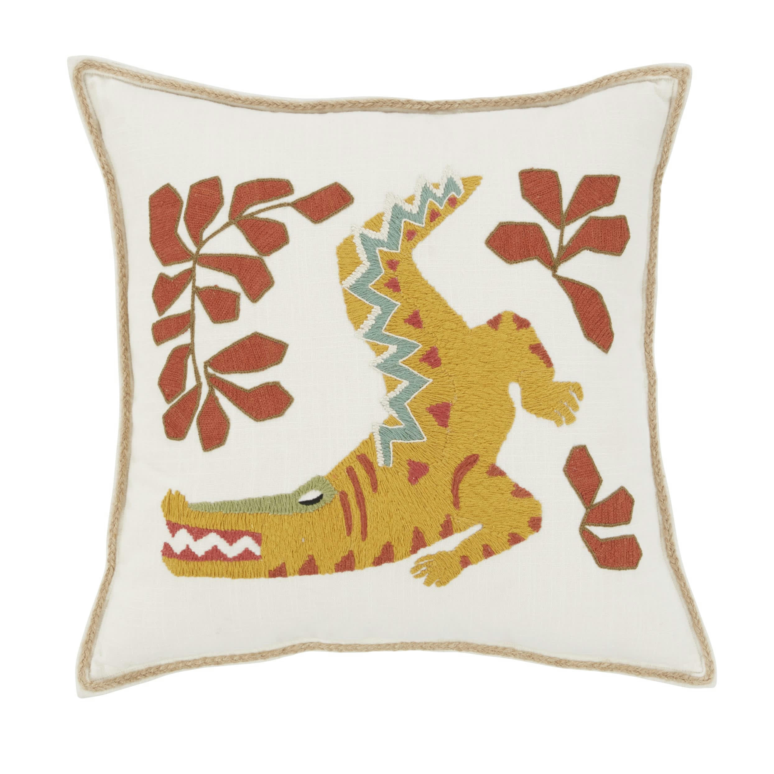LUCENA - Coussin en coton tissé et brodé motif crocodile multicolore 45x45