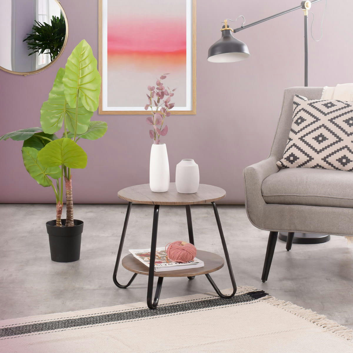 - Table d'appoint ronde style industriel noyer foncé