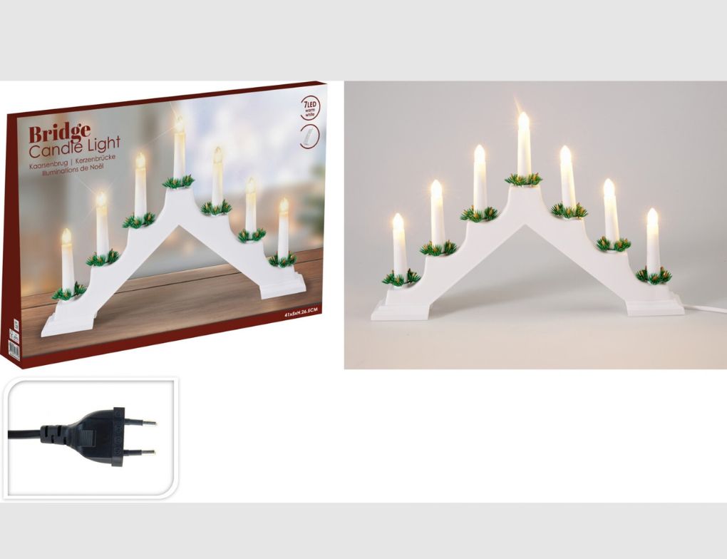 Weißer LED-Adventsbogen mit 7 Kerzen und Stecker