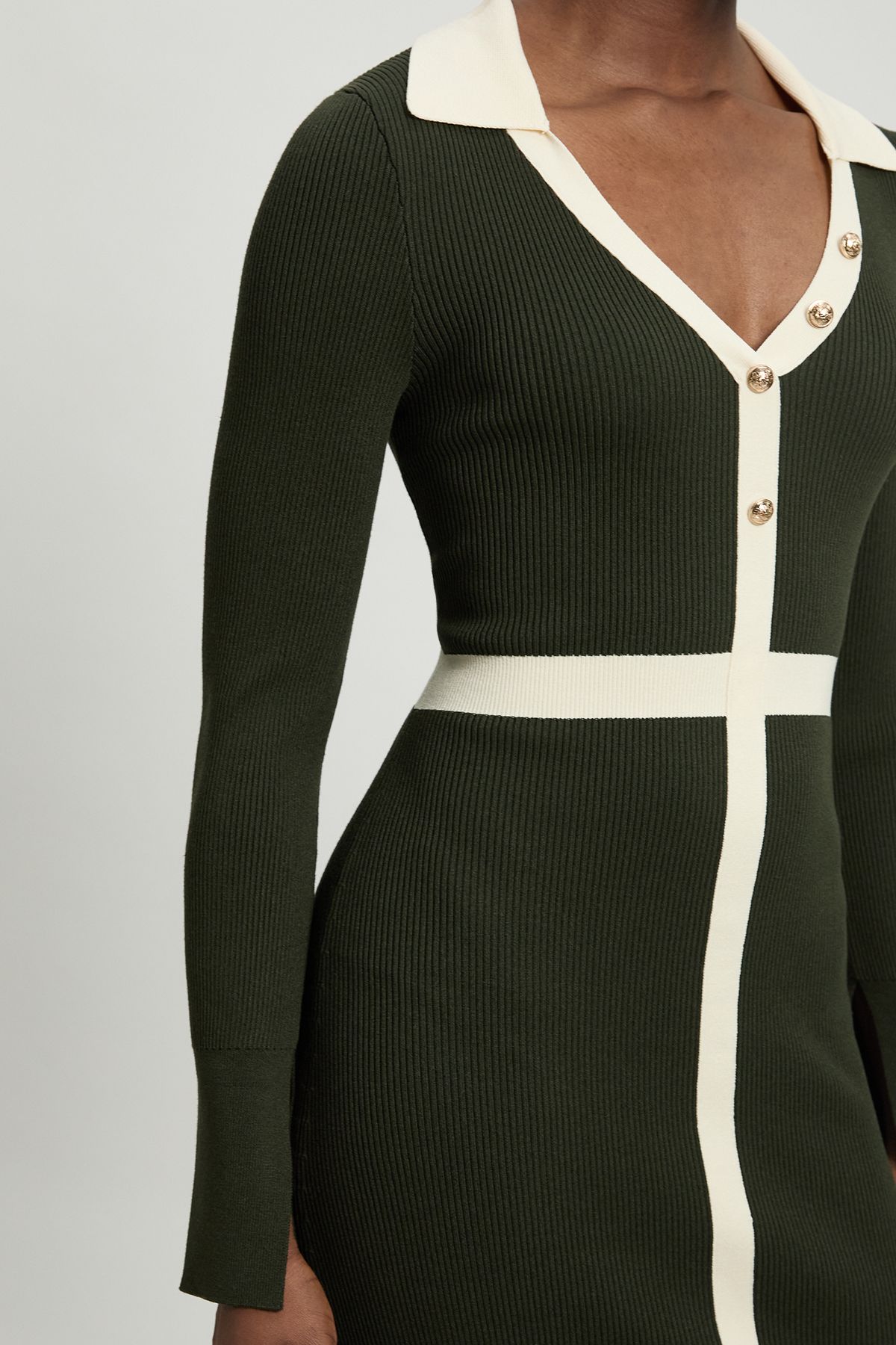 KarenMillen Knit Rib With Contrast Waist Detail Collared Midi Dress