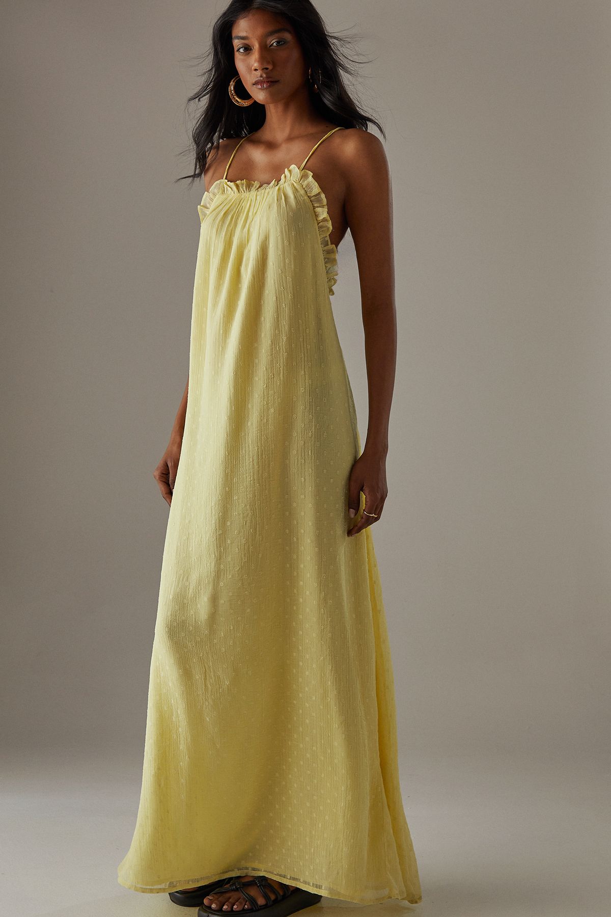 Warehouse Marble Dobby Chiffon Halter Ruffle Maxi Dress