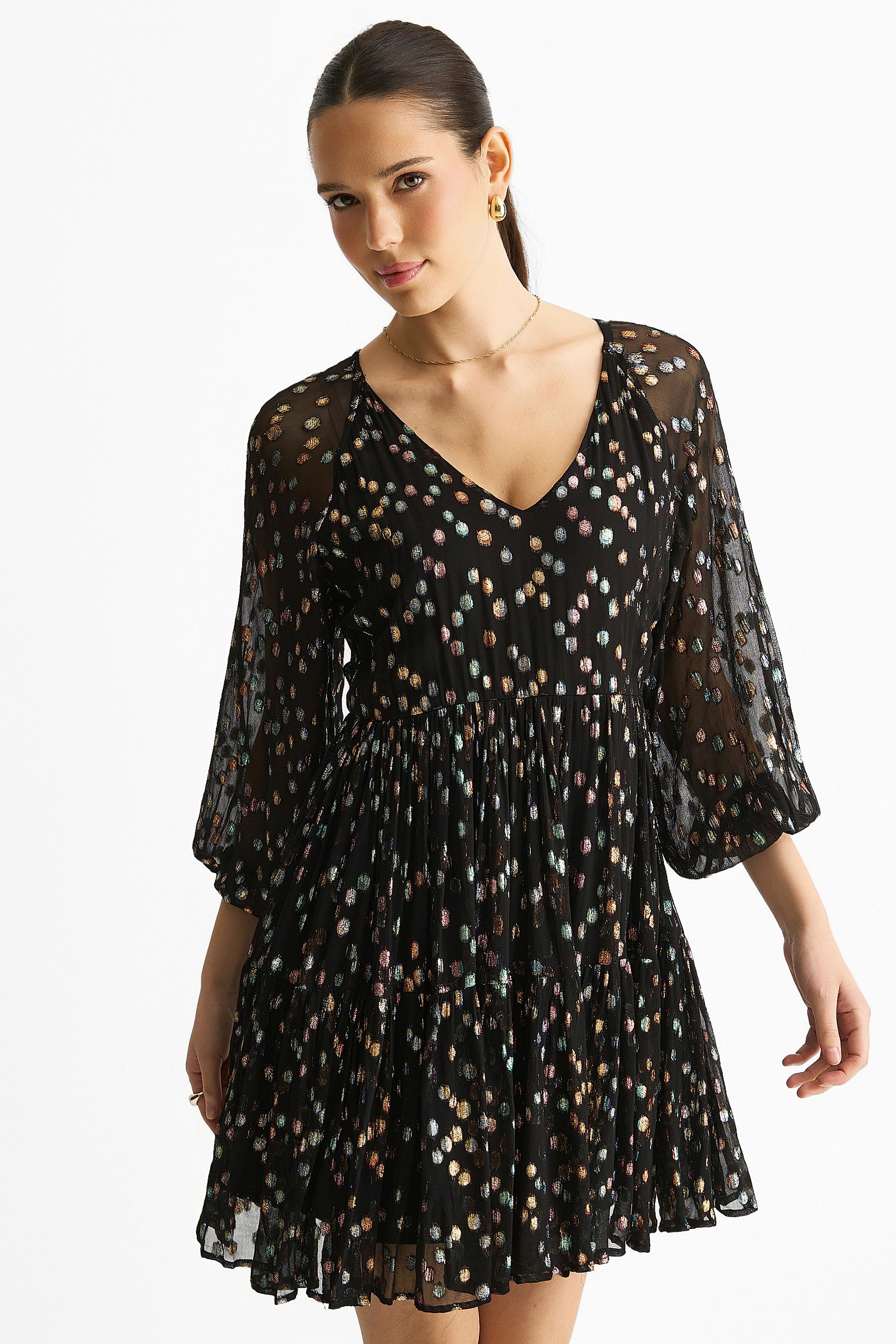 Gini London Black Multicolored Spot Viscose Clipped Jacquard Mini Tiered Dress