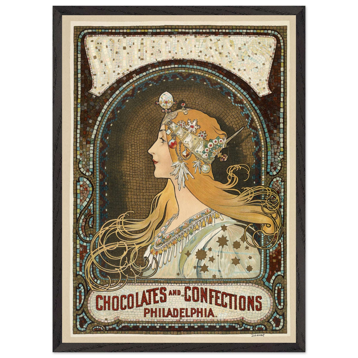 Artfulprints Poster met Lijst Alphonse Mucha - Chocolates and confections Philadelphia  - 50x70 cm - Bruin