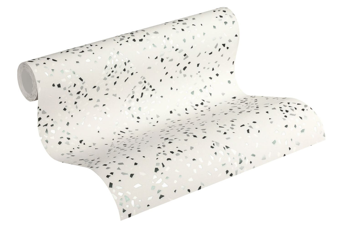 Livingwalls behang terrazzo wit, zwart en zilver - 53 cm x 10.05 m - AS-373942