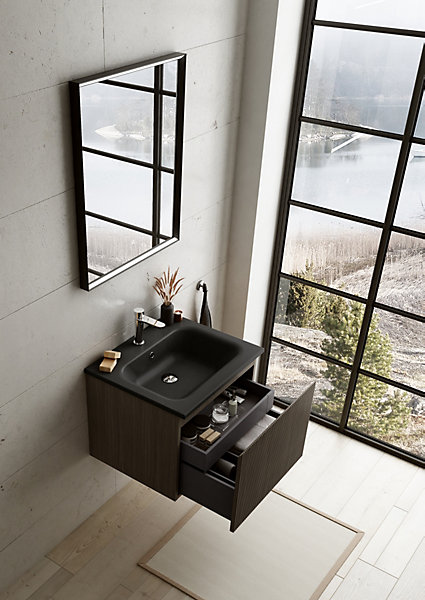 Meuble vasque suspendu plaqué noyer strié l.60 cm   plan vasque noir mat résine, Pura