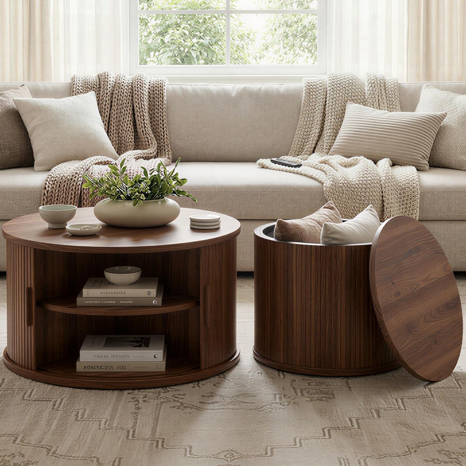 IRONCK Round Coffee Table Set of 2, Fluted Coffee Table and End Table with Storage, Wood Center Tables with Sliding Tambour Door and Hollow Side Table, Mid Century Modern, Walnut