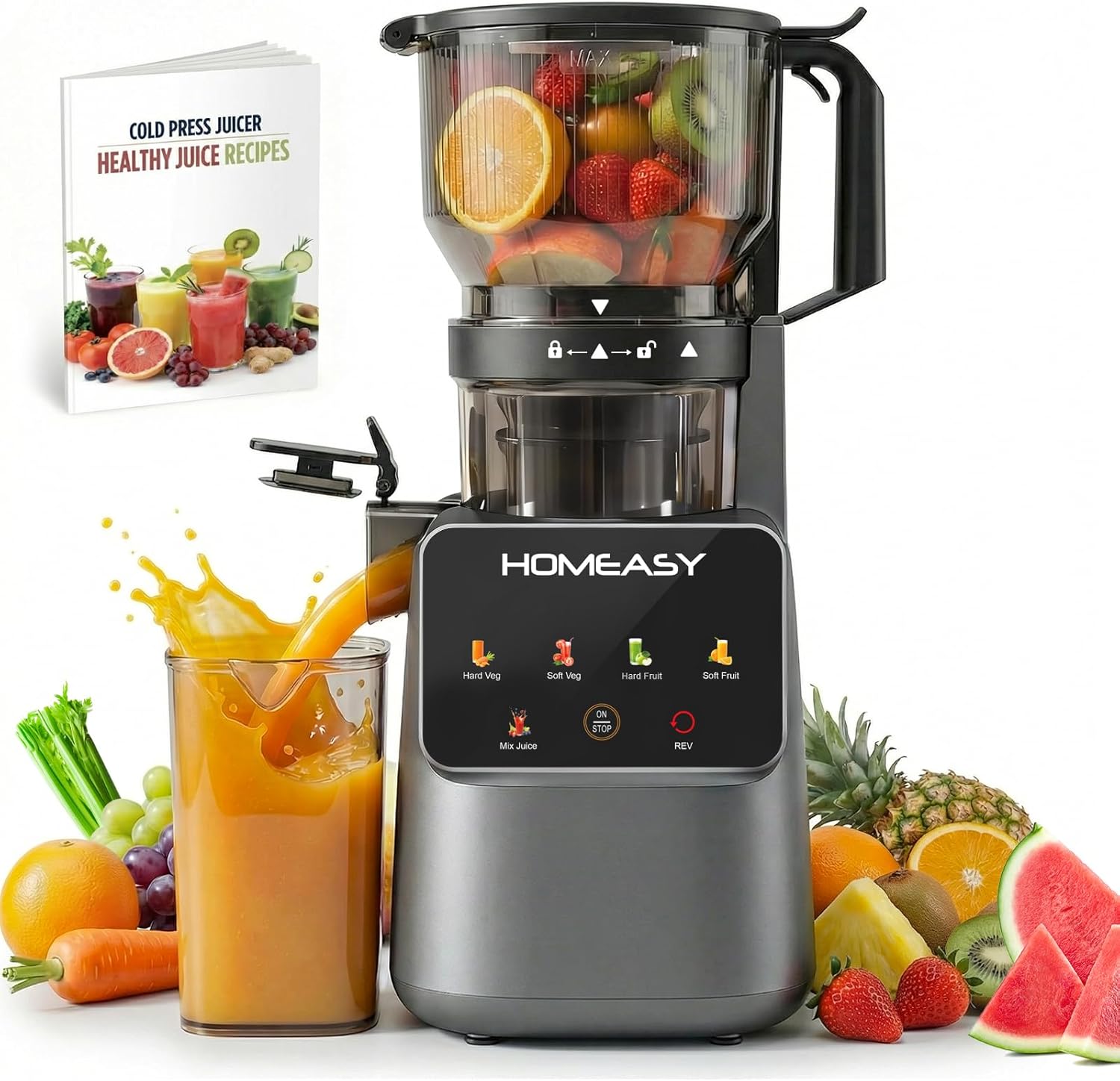 HOMEASY Cold Press Juicer Machines, 5.8'' Large Feed Chute for Whole Fruits and Vegetables, 300W Slow Masticating Juicer, High Juice Yield, 5 Smart Modes, Easy to Clean