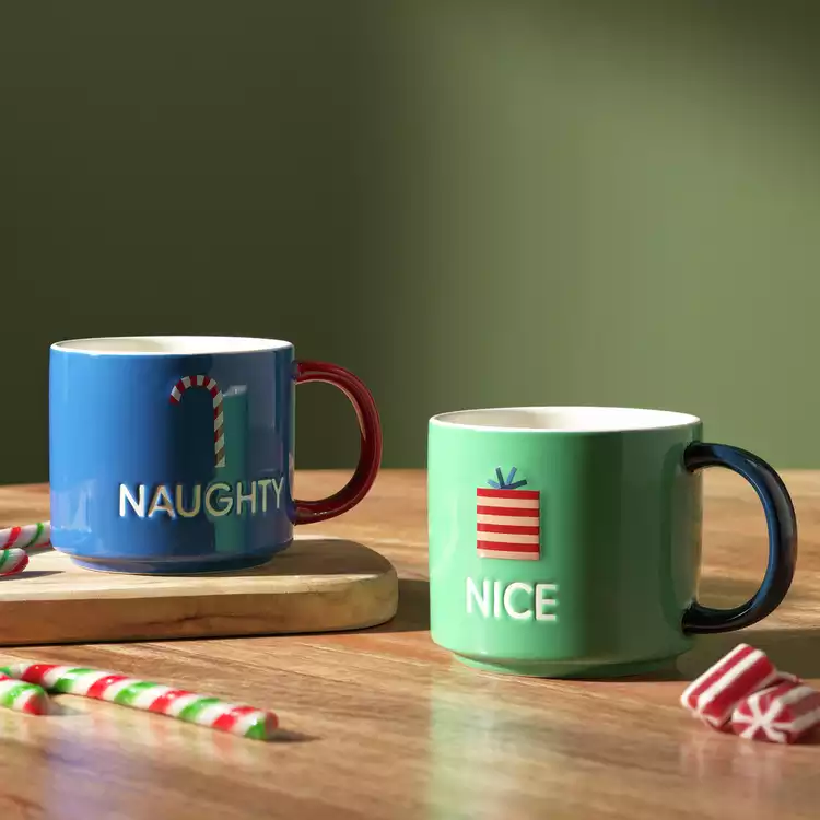 Habitat Naughty N Nice Set of 2 Mugs - Blue & Green
