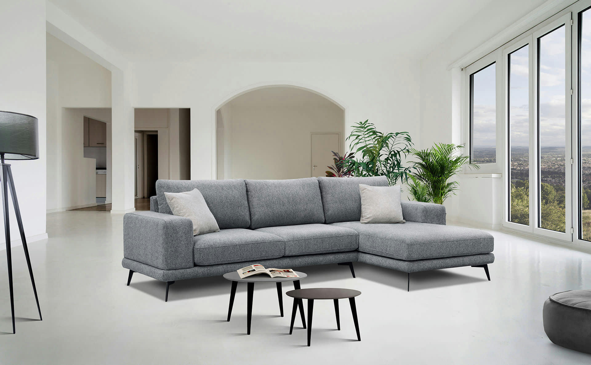 MEDIOLANE - Canapé d'angle droit 4 places tissu gris