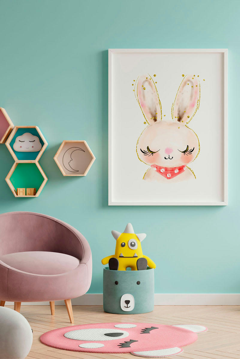 DECOWALL - Impression de lapin encadrée en bois blanc 43X33 cm