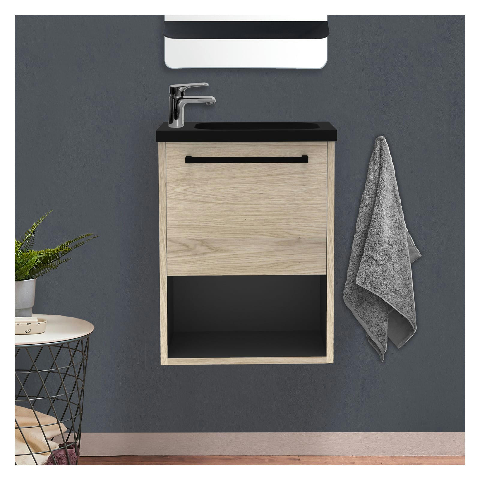 NIKA - Meuble lave-mains  Décor chêne intérieur noir + robinet chromé