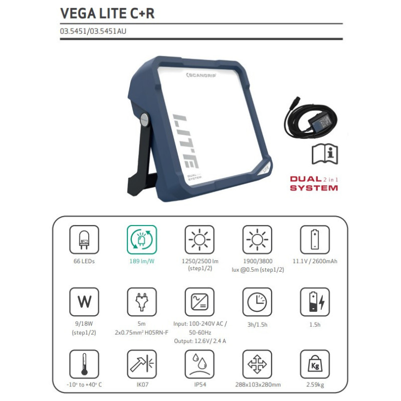 Projecteur LED Vega Lite C R sur batterie 2500 lm 18 W SCANGRIP