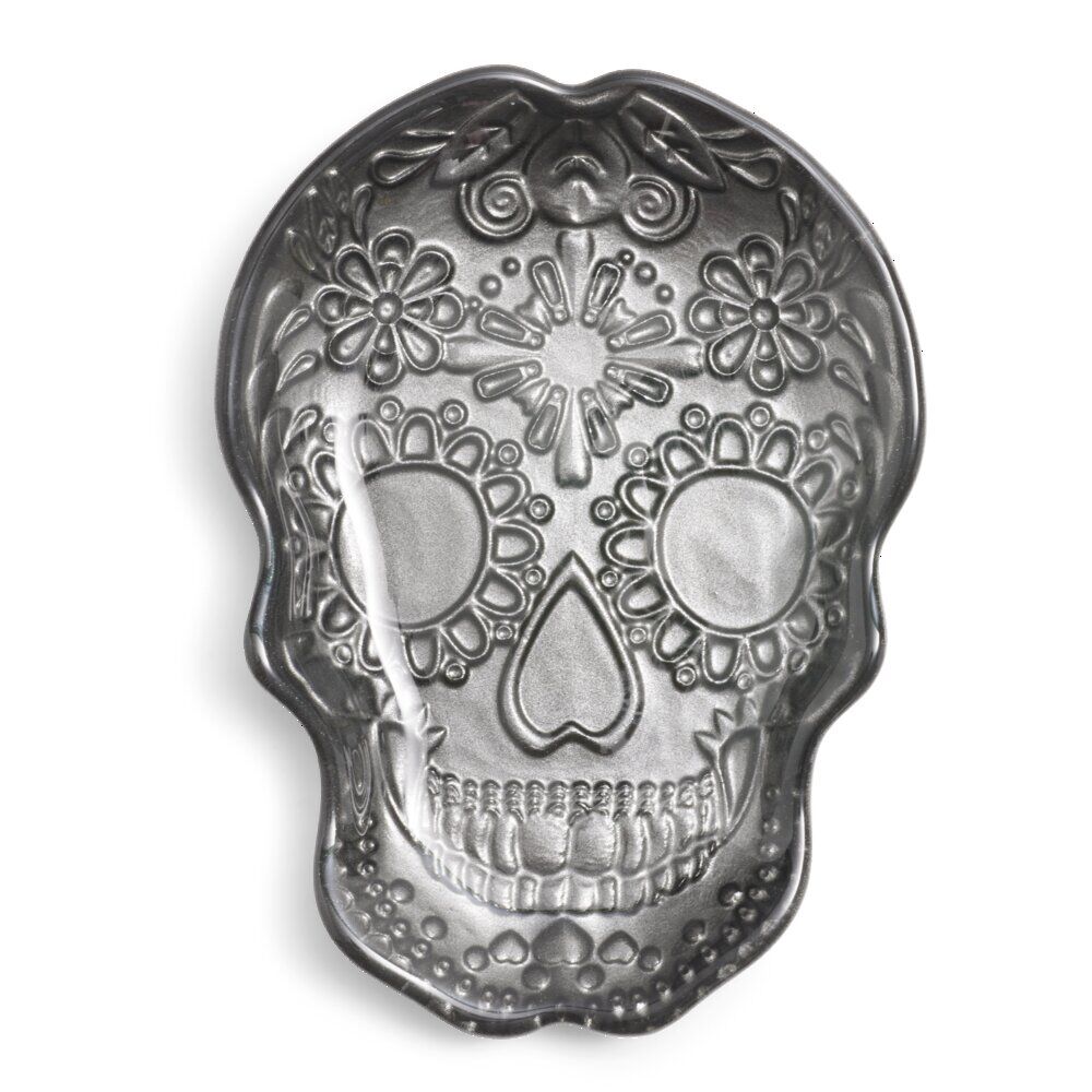 Plat Halloween tête de mort mexicaine en verre noir 15x11xH2cm