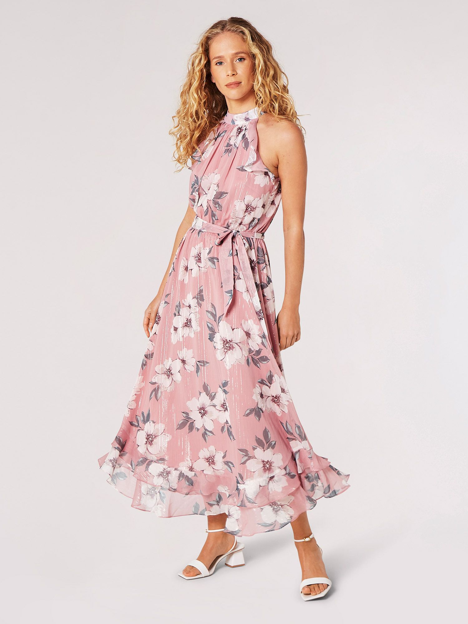 Apricot Painterly Floral Shimmer Midi Dress