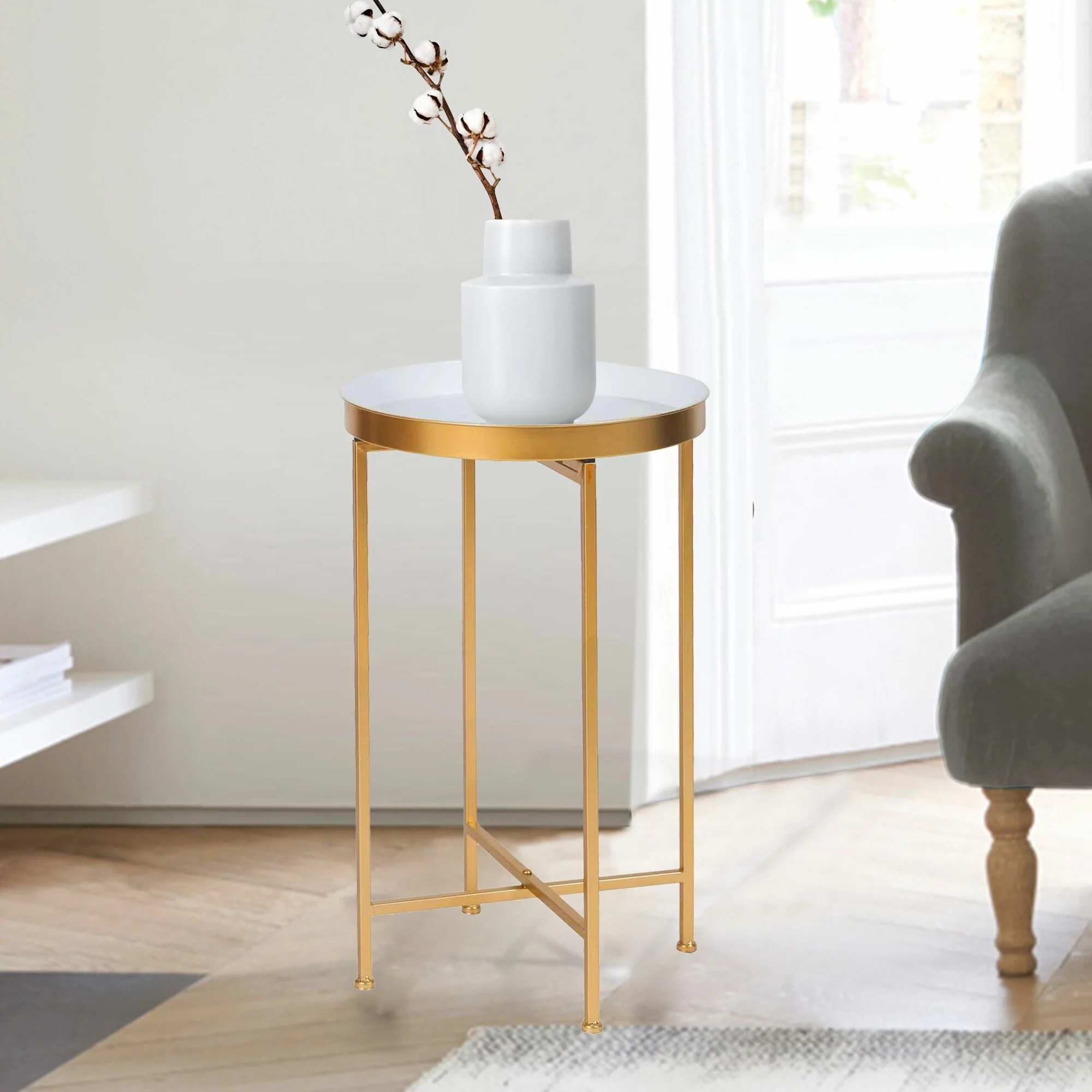 Adeco Round End Table Gold Metal Side Nightstand Accent Coffee Tables - 15(D)x 15(W)x 25.7(H)