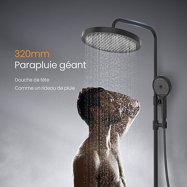 EMKE Colonne de Douche avec douche theramostat à Grande douche de tête et douchette multimode, Cercle, noir