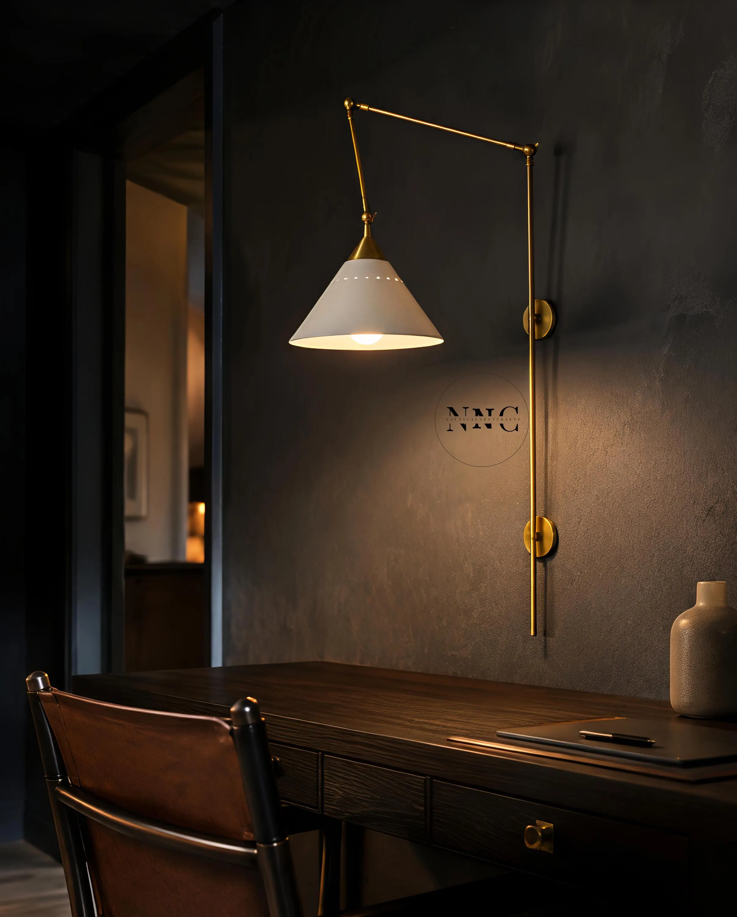 Adjustable Brass Swing-Arm Wall Sconce: Mid-Century Dual Cone Shade Lighting