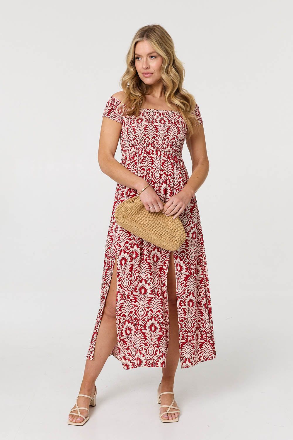 Izabel London Printed Cap Sleeve Bardot Top Maxi Dress