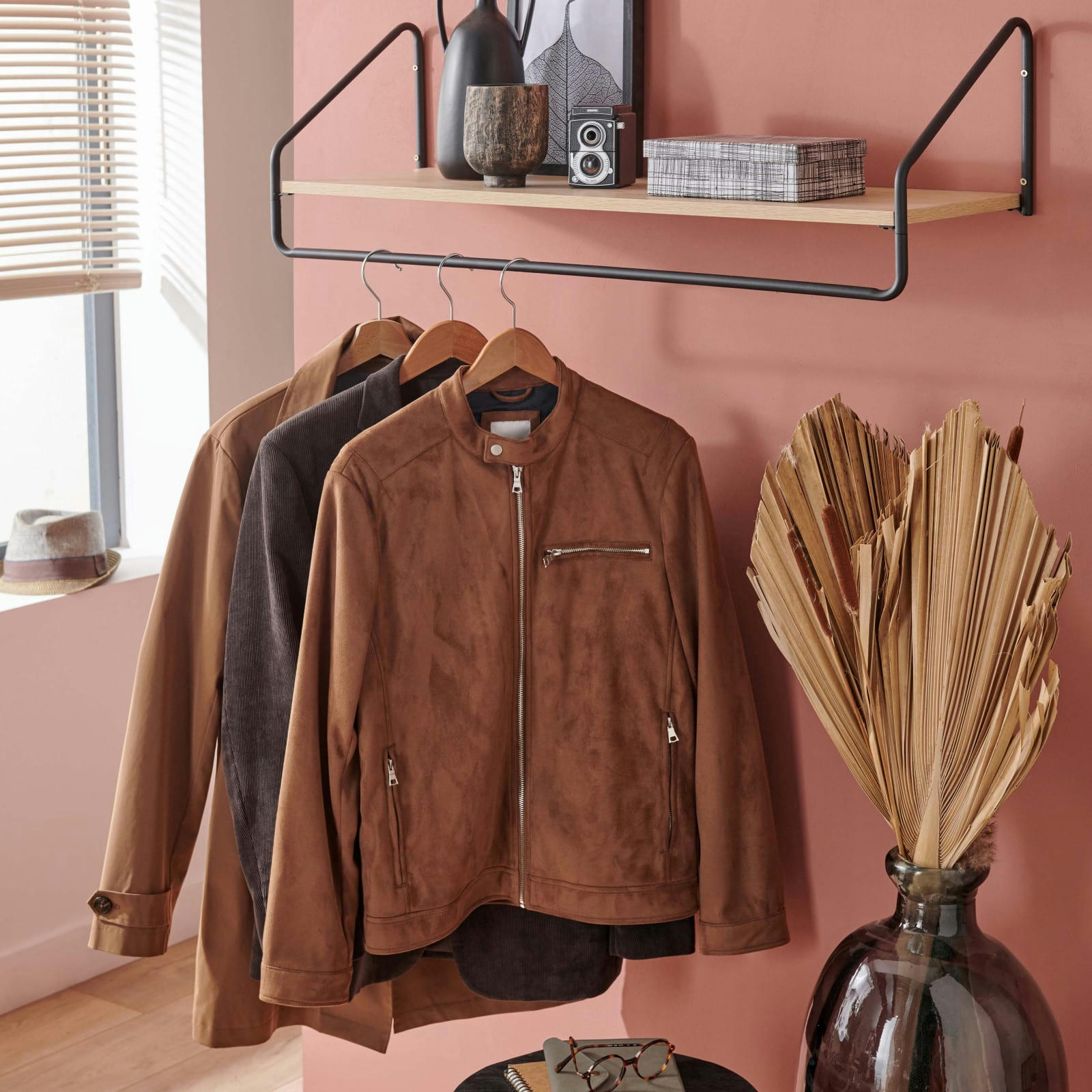 NELO - Penderie étagère murale bois et métal L90 cm  Noir