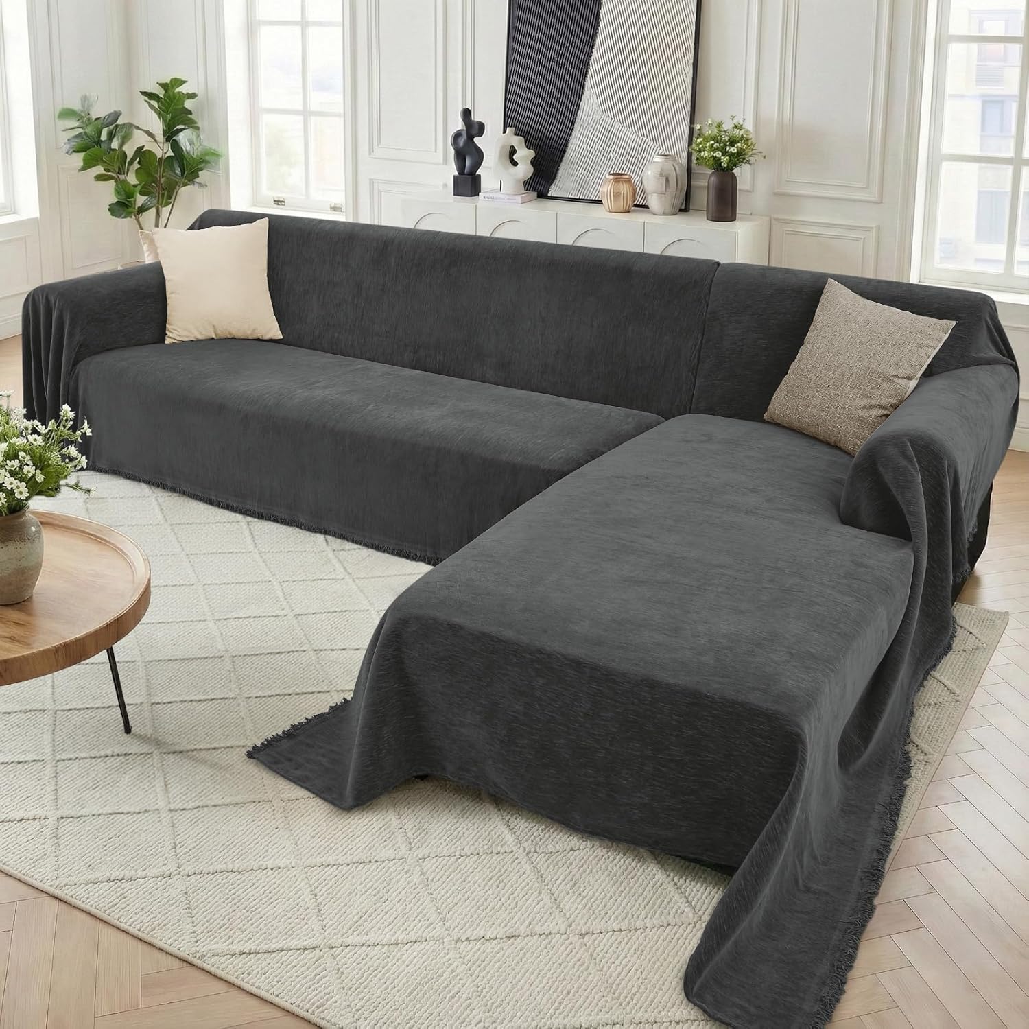 Sectional Couch Covers, 2 Pieces Washable L Shaped Couch Covers Sofa Blanket for Dogs Pet Friendly Sectional Sofa Slipcovers Furniture Covers,71x 118+ 71x 118,(XX-Large,Charcoal Gray)