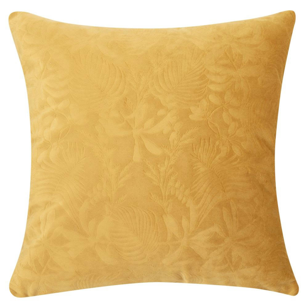EDEN - Housse de coussin en velours embossé feuillages jaune moutarde 40x40