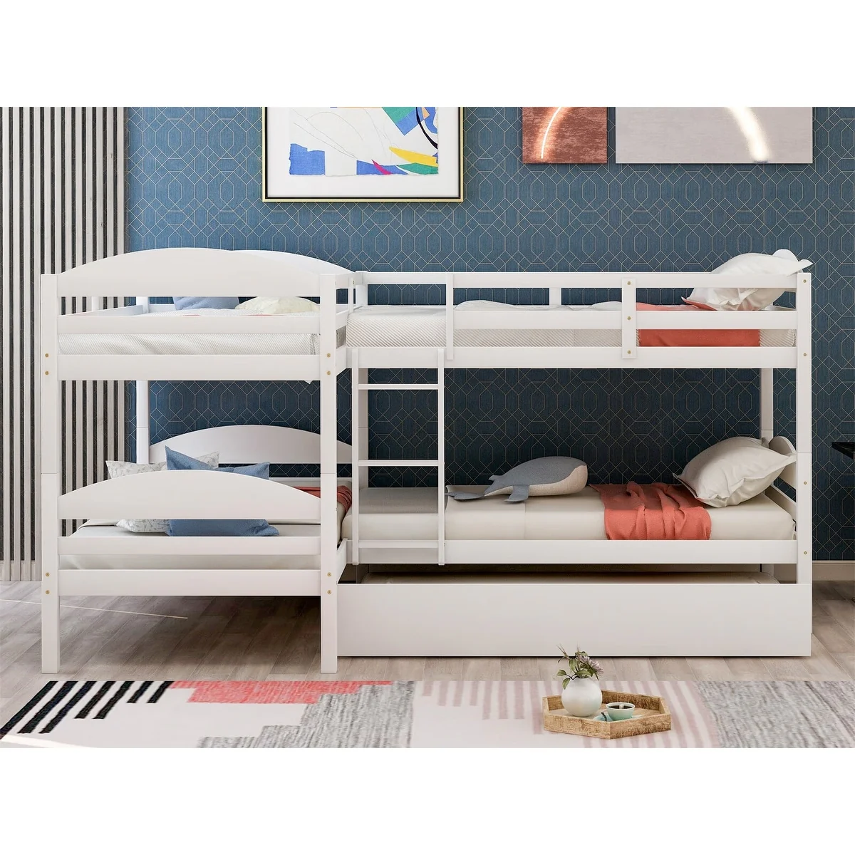 Merax Twin L-Shaped Triple Bunk Bed with Trundle and Ladder