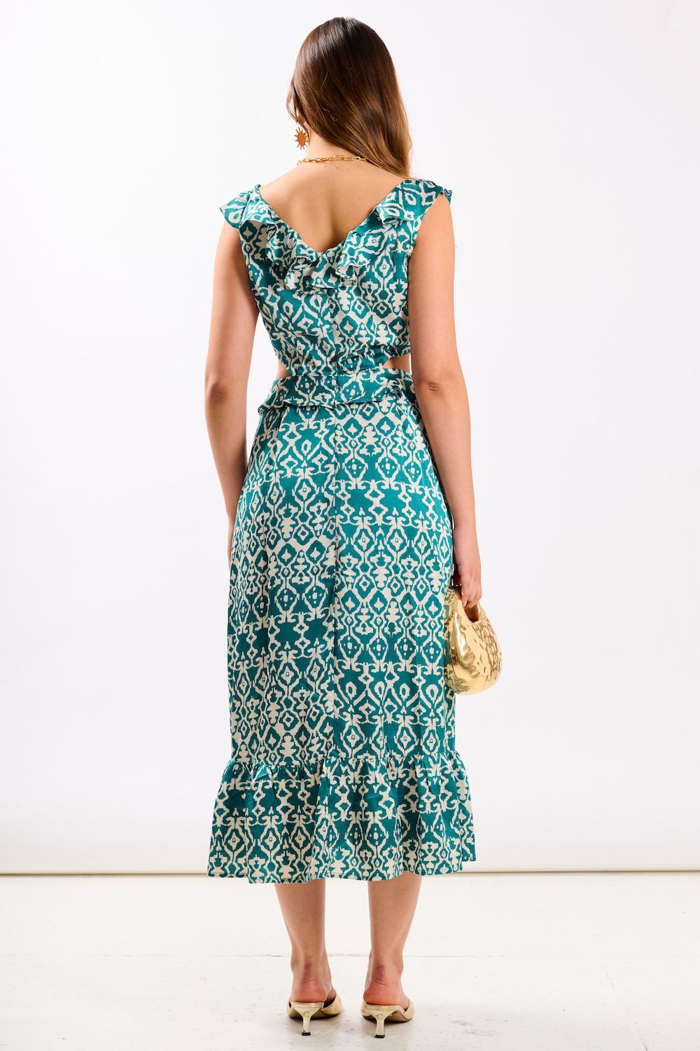 Needs No Label Green Ikat Ruffle Cutout Midi Dress