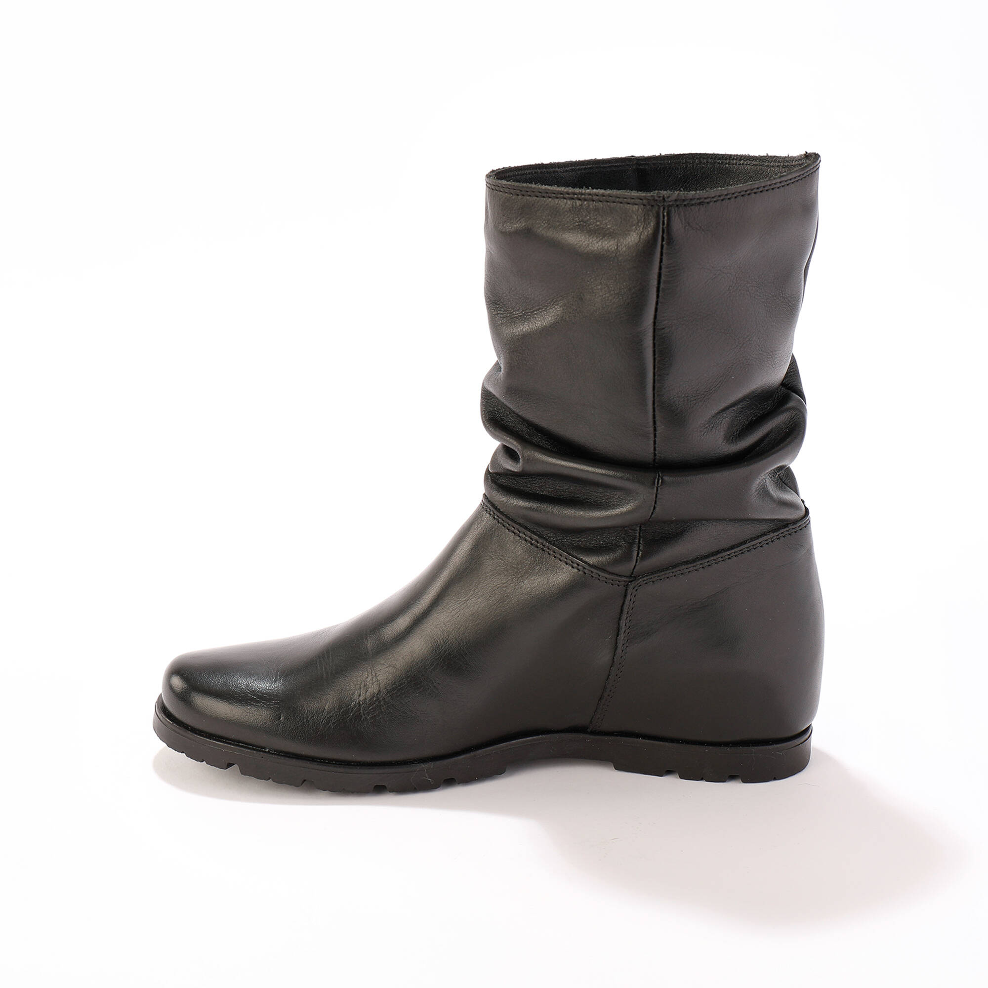 Bottes plissées mi-hautes en cuir avec semelle compensée invisible - noir